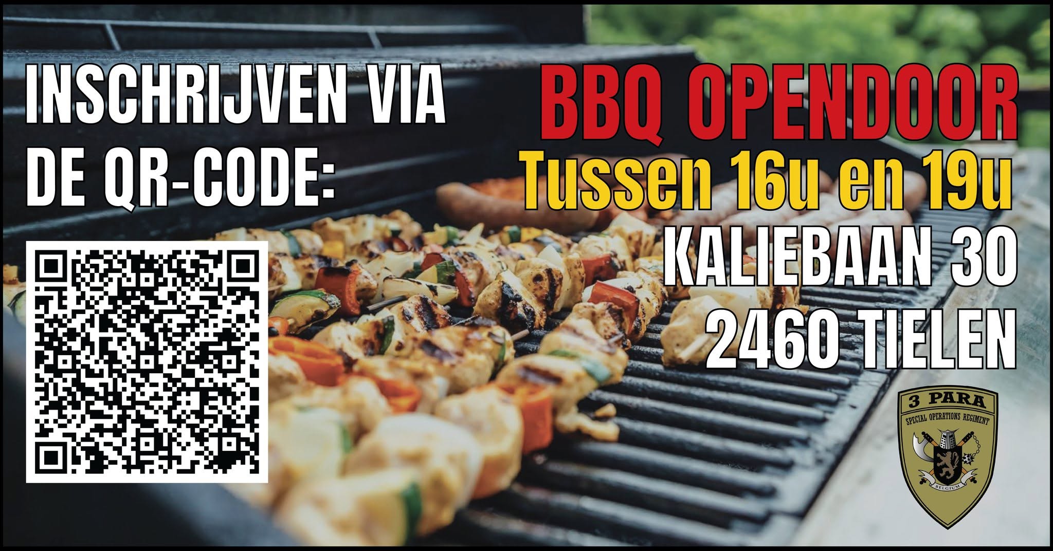 BBQ Opendoor tussen 16u en 19u — Kaliebaan 30, 2460 Tielen — inschrijven via QR-code
